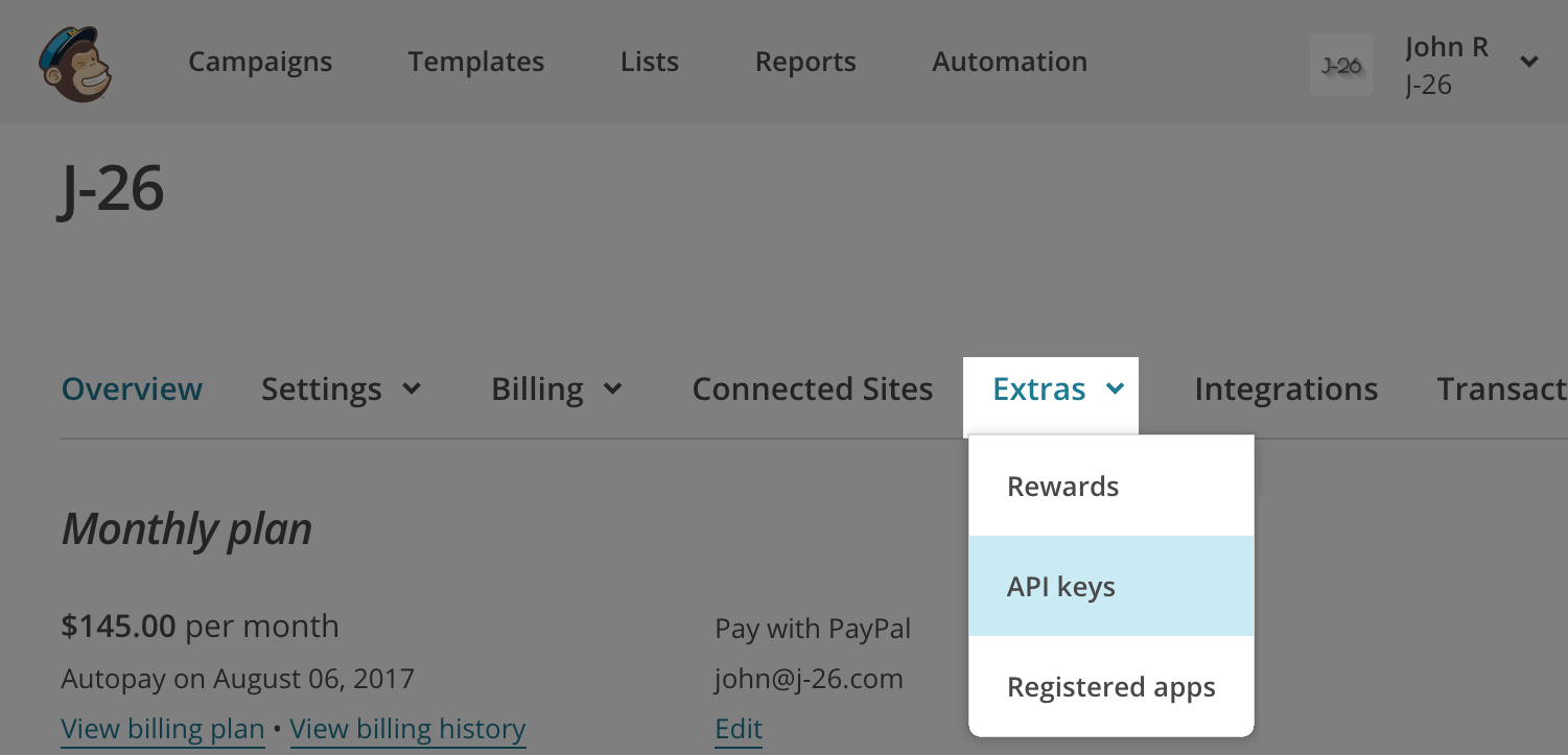 Click API keys in the Extras drop-down