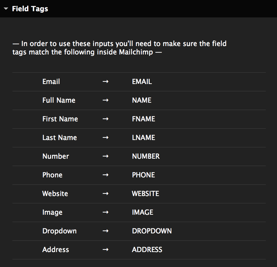 Mailchimp field tags chart