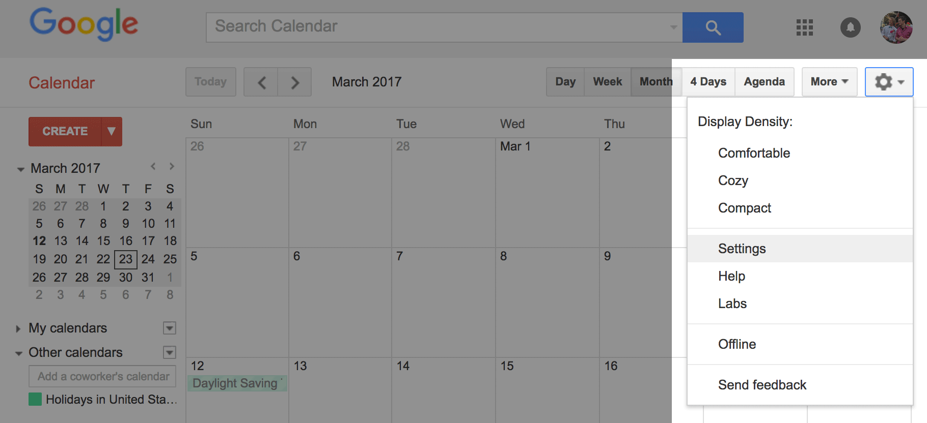 Open the settings of the calendar by clicking the gear icon